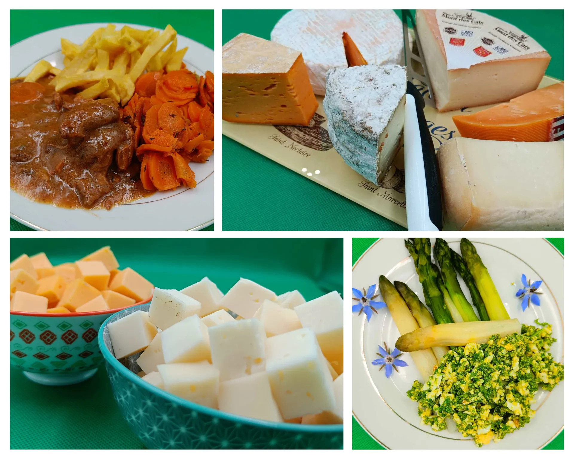 Repas complet avec apéritif, entrée, plat, fromages locaux et dessert